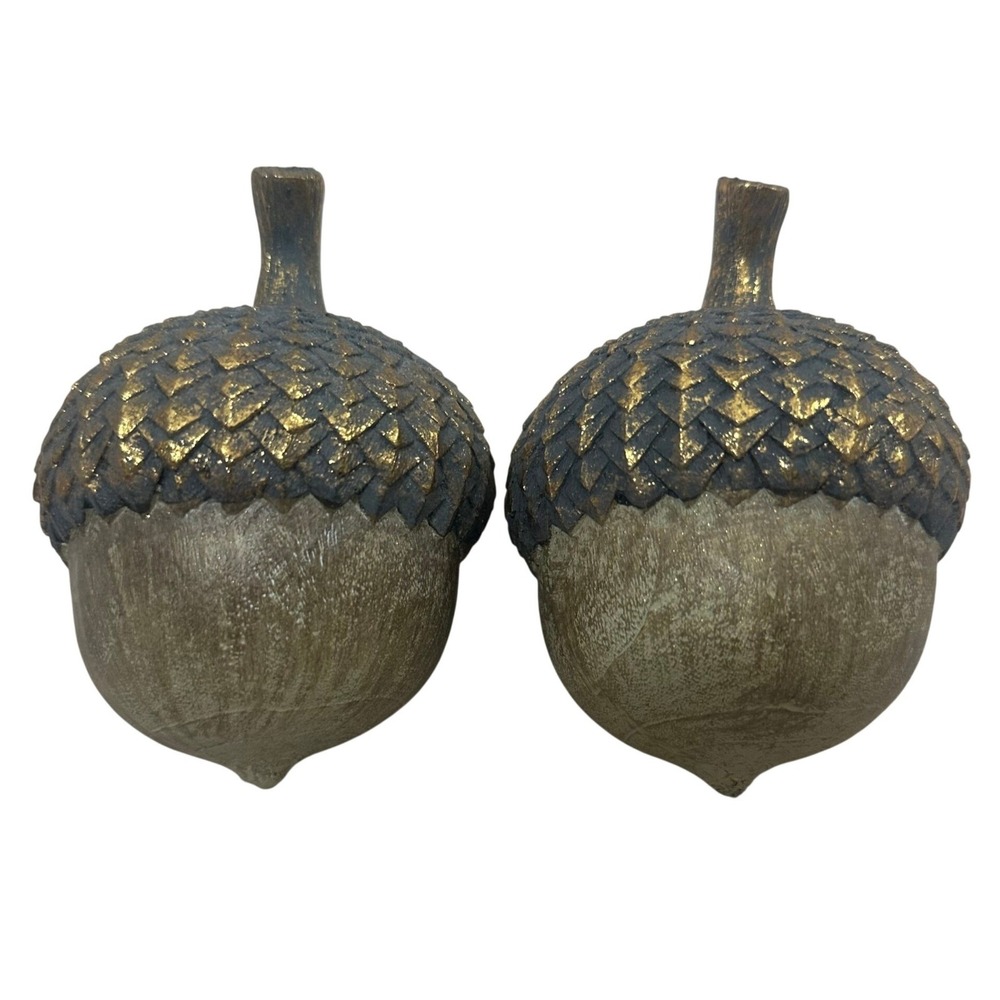 Set of 2 Large Resin Acorns Rustic Gold Brushed Fall Autumn Thanksgiving Decor